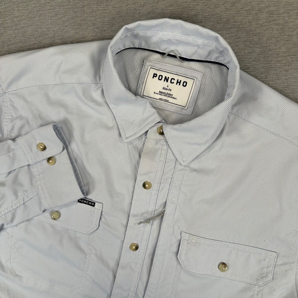 Poncho Shirt Mens L Slim Fit Light Blue Long Sleeve Button Down Magnetic Pockets